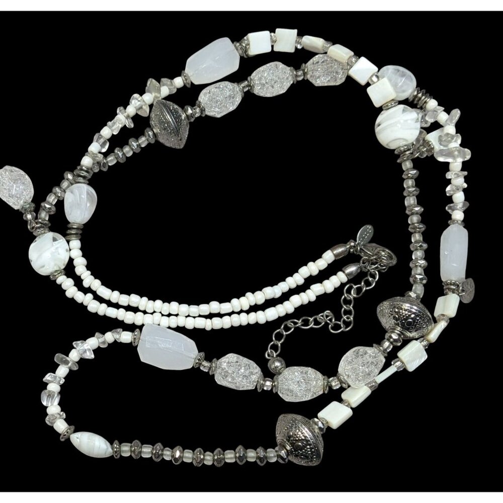 Chico's Snowy White And Silver Tone Glass And Acrylic Beaded Necklace